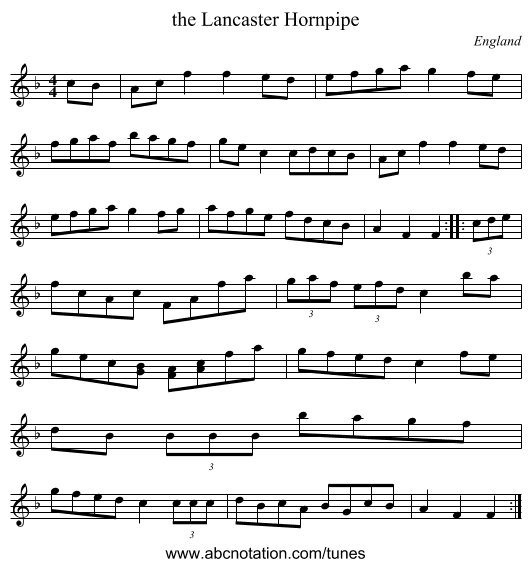 the Lancaster Hornpipe - staff notation