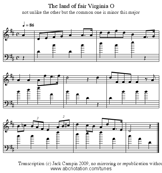 The land of fair Virginia O - staff notation