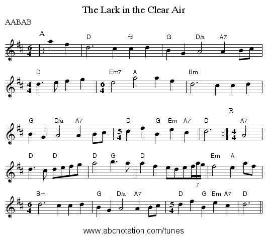 The Lark in the Clear Air - staff notation