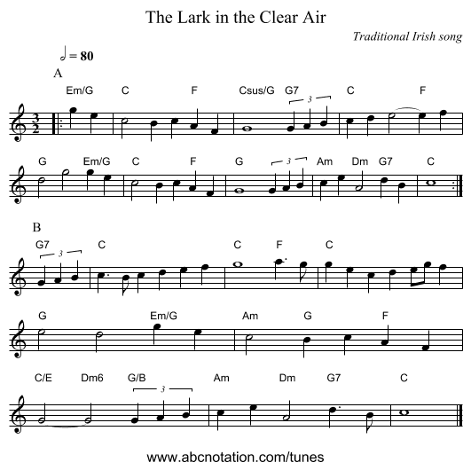 The Lark in the Clear Air - staff notation