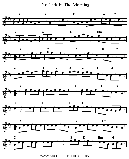The Lark In The Morning - staff notation