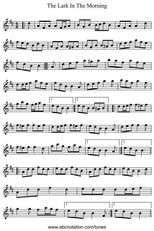 The Lark In The Morning - staff notation