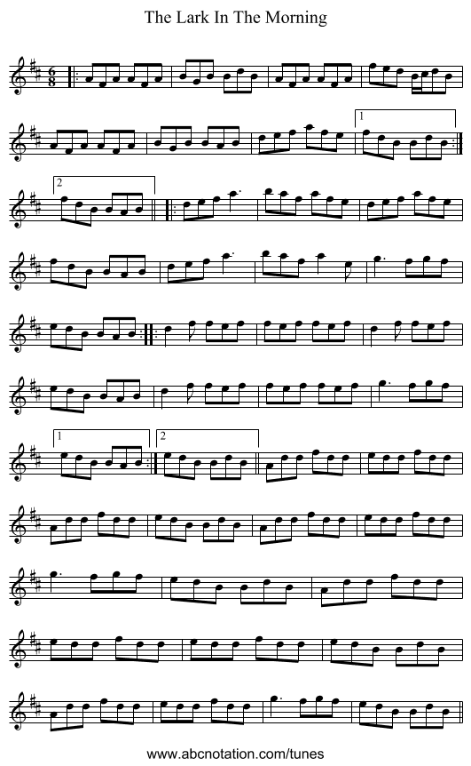 The Lark In The Morning - staff notation