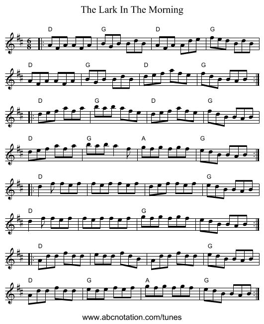The Lark In The Morning - staff notation