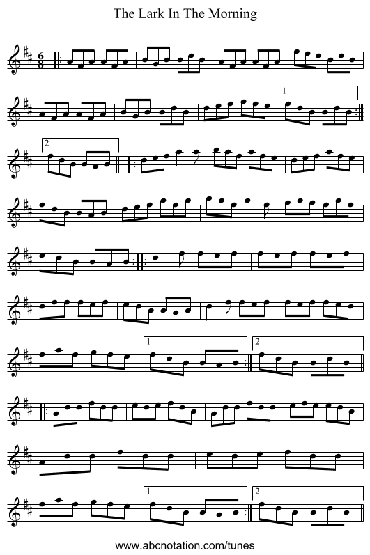 The Lark In The Morning - staff notation