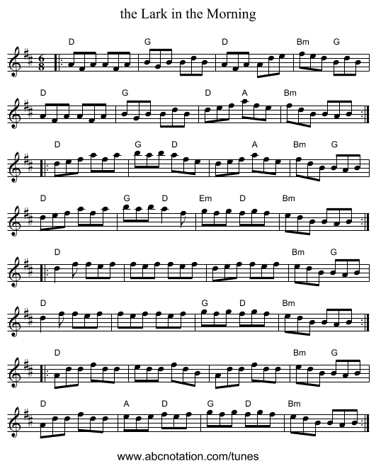 the Lark in the Morning - staff notation