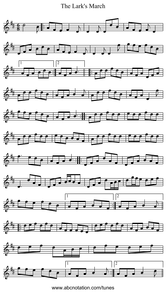 The Lark's March - staff notation