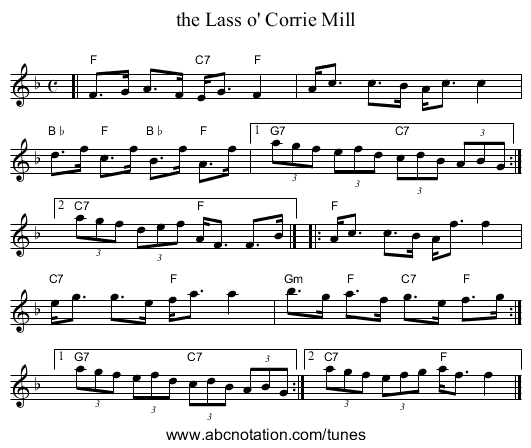 the Lass o' Corrie Mill - staff notation