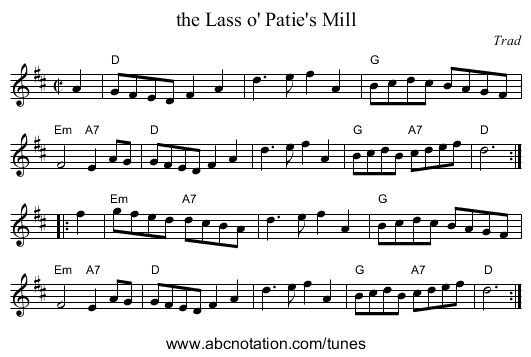 the Lass o' Patie's Mill - staff notation