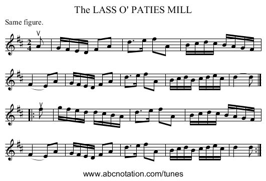 The LASS O' PATIES MILL - staff notation