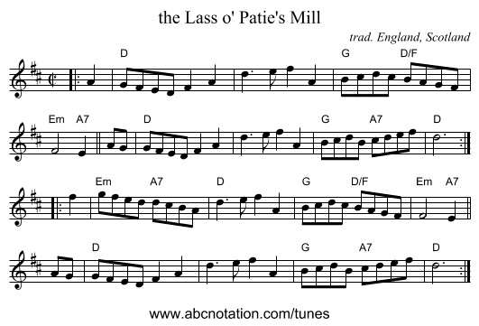 the Lass o' Patie's Mill - staff notation