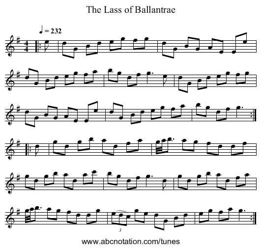 The Lass of Ballantrae - staff notation