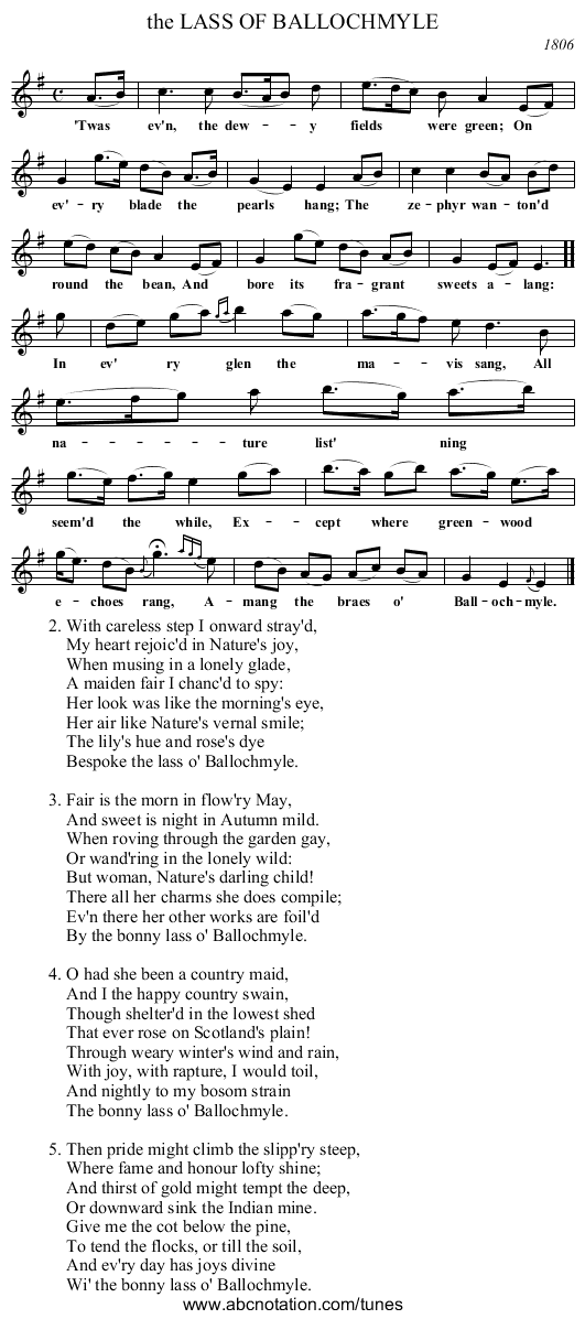 the LASS OF BALLOCHMYLE - staff notation