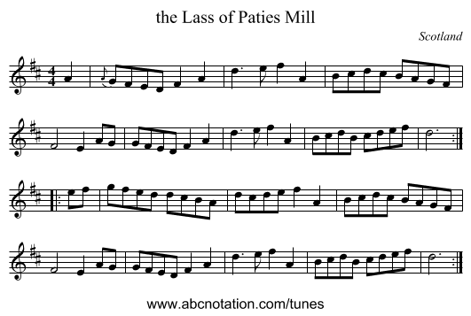 the Lass of Paties Mill - staff notation