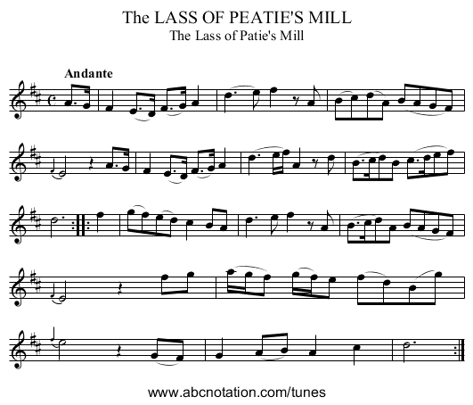 The LASS OF PEATIE'S MILL - staff notation