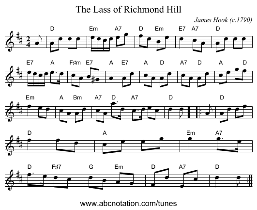 The Lass of Richmond Hill - staff notation