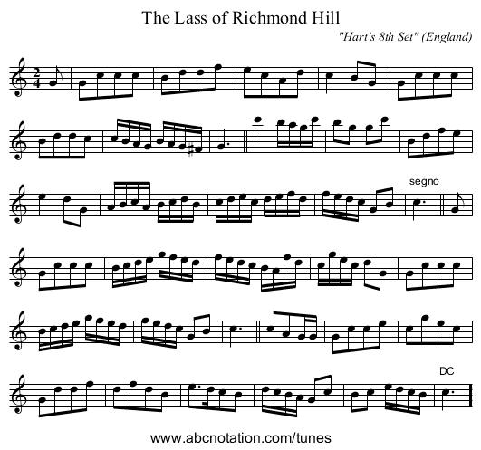 The Lass of Richmond Hill - staff notation