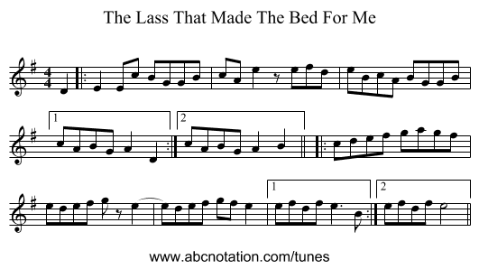 The Lass That Made The Bed For Me - staff notation