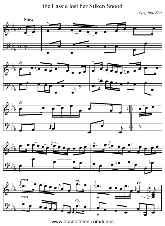the Lassie lost her Silken Snood - staff notation