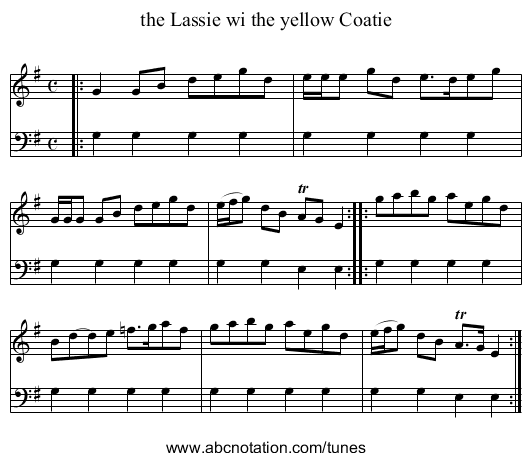 the Lassie wi the yellow Coatie - staff notation