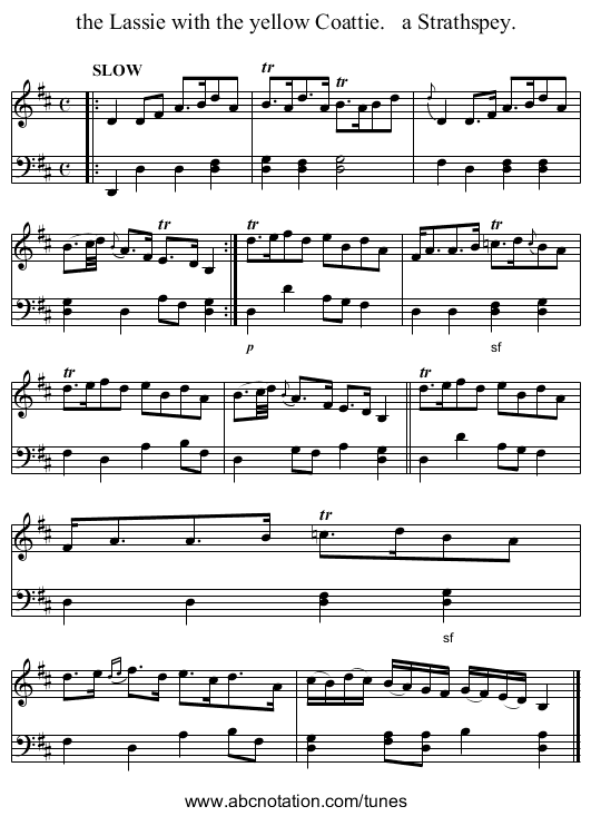 the Lassie with the yellow Coattie.   a Strathspey. - staff notation