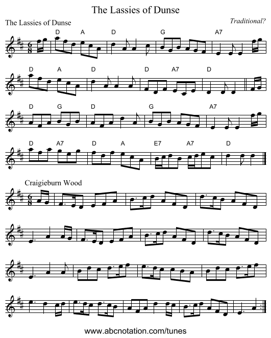 The Lassies of Dunse - staff notation