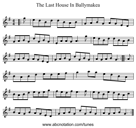 The Last House In Ballymakea - staff notation