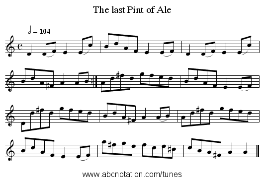 The last Pint of Ale - staff notation