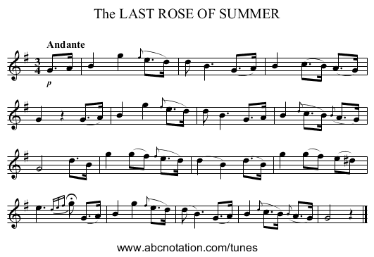 The LAST ROSE OF SUMMER - staff notation