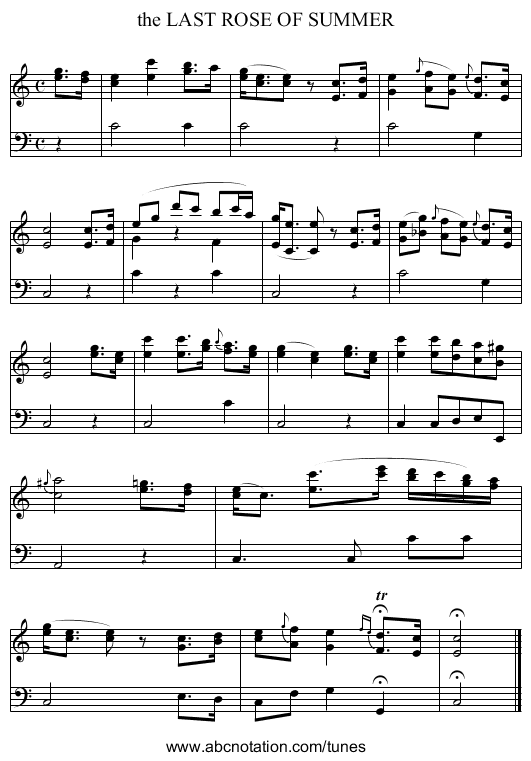 the LAST ROSE OF SUMMER - staff notation