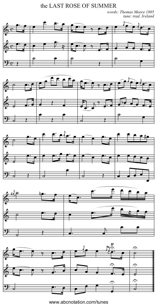 the LAST ROSE OF SUMMER - staff notation