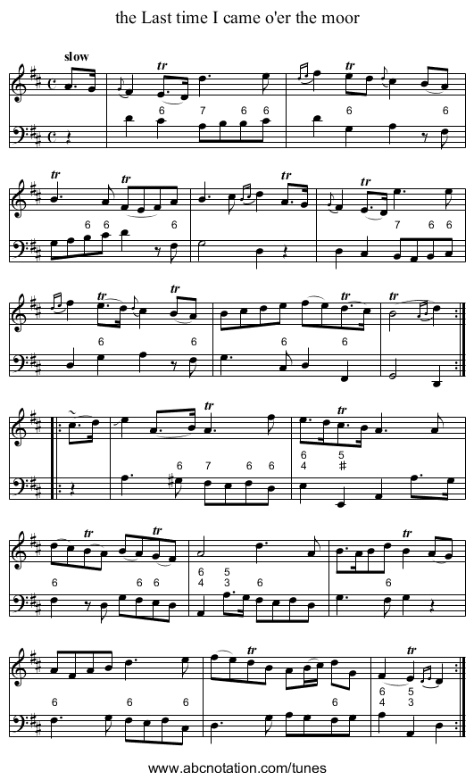 the Last time I came o'er the moor - staff notation