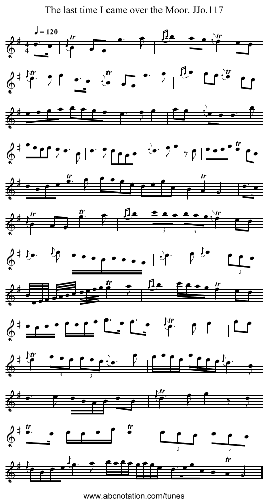 The last time I came over the Moor. JJo.117 - staff notation