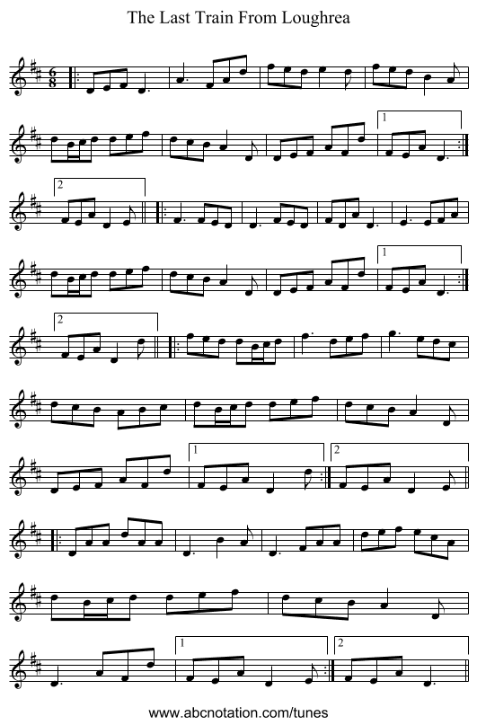 The Last Train From Loughrea - staff notation