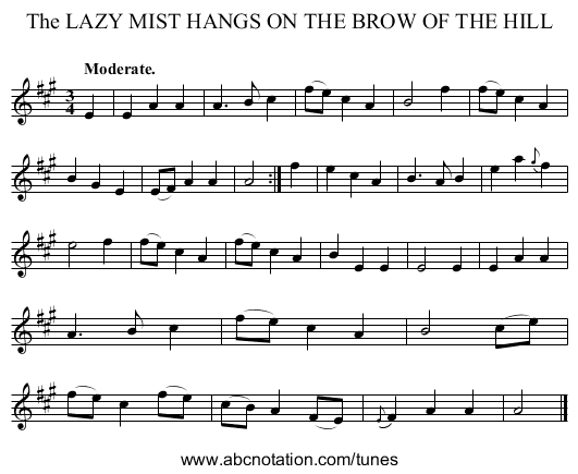 The LAZY MIST HANGS ON THE BROW OF THE HILL - staff notation