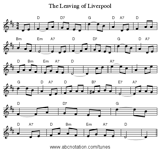The Leaving of Liverpool - staff notation