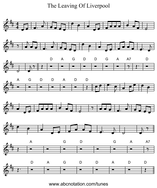 The Leaving Of Liverpool - staff notation