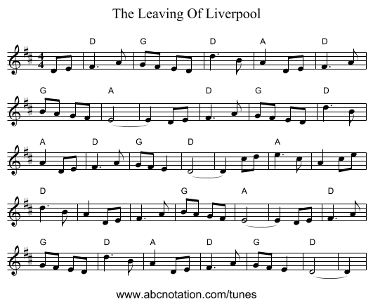 The Leaving Of Liverpool - staff notation