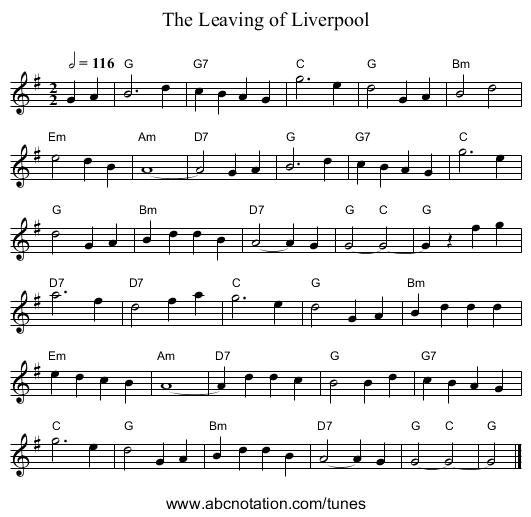 The Leaving of Liverpool - staff notation