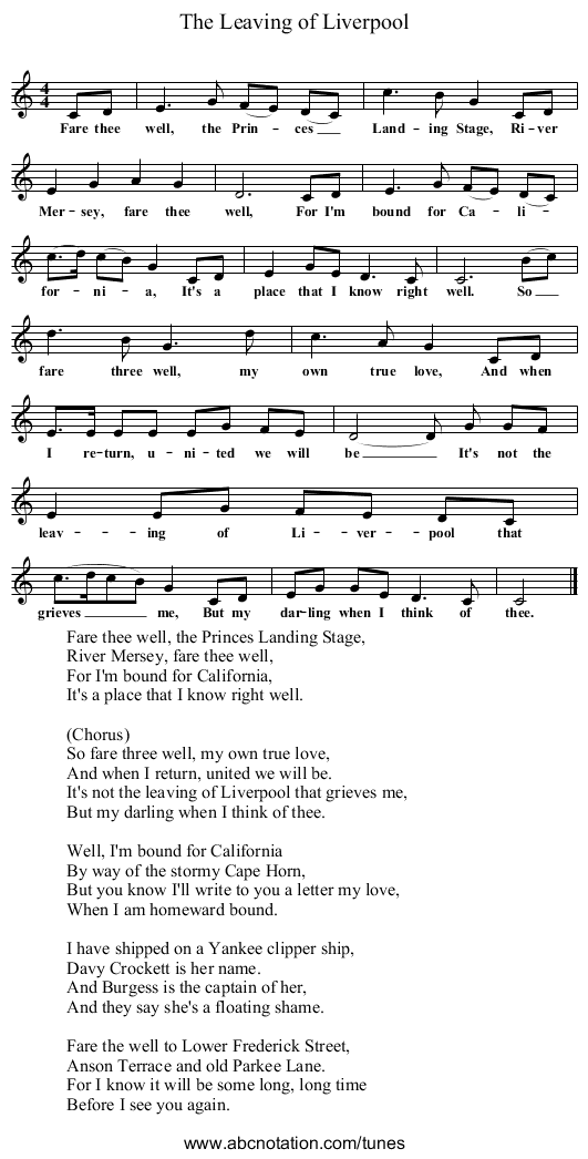 The Leaving of Liverpool - staff notation