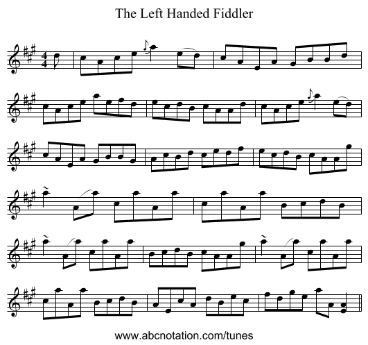 The Left Handed Fiddler - staff notation