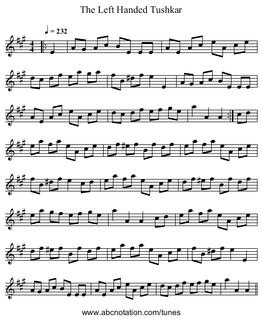 The Left Handed Tushkar - staff notation