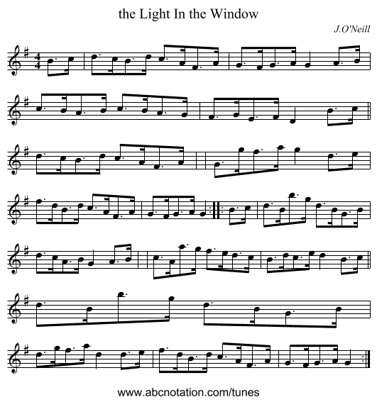 the Light In the Window - staff notation