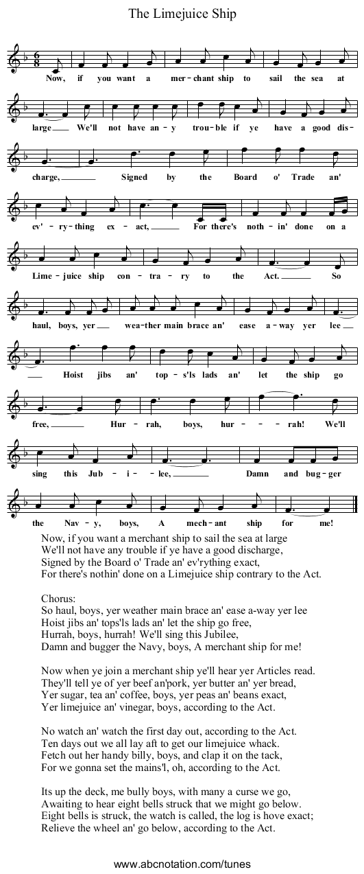 The Limejuice Ship - staff notation