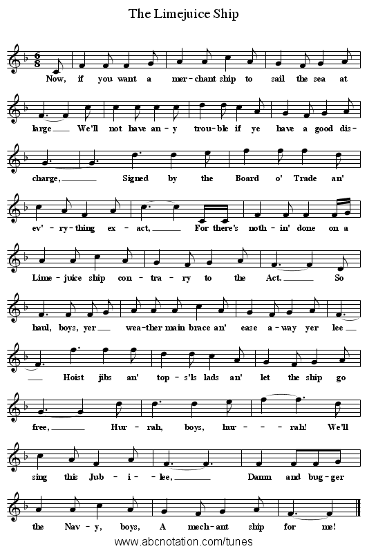 The Limejuice Ship - staff notation