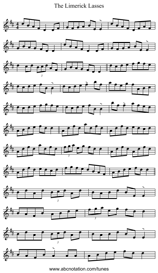 The Limerick Lasses - staff notation