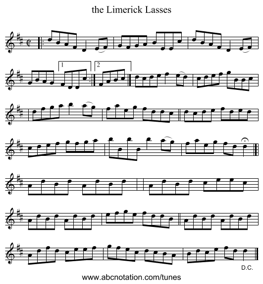 the Limerick Lasses - staff notation