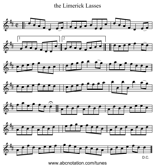 the Limerick Lasses - staff notation