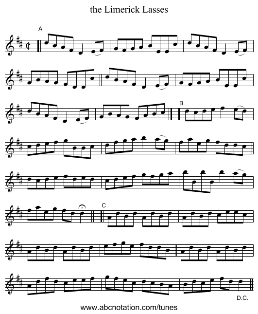 the Limerick Lasses - staff notation