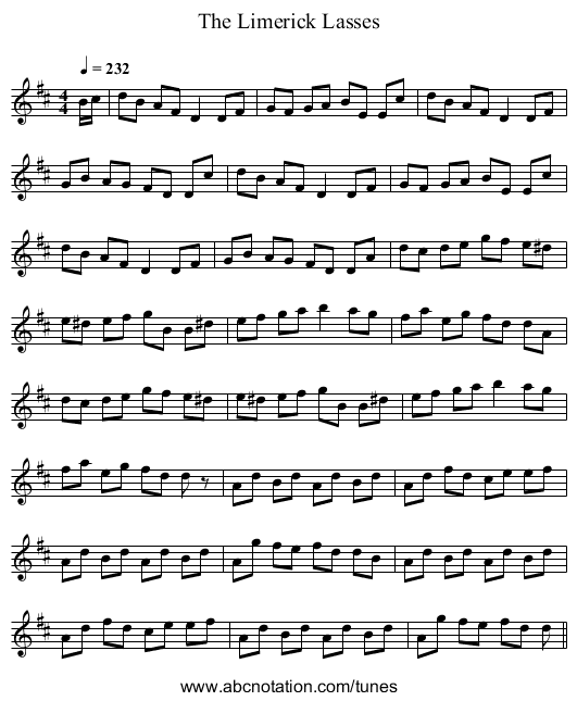 The Limerick Lasses - staff notation